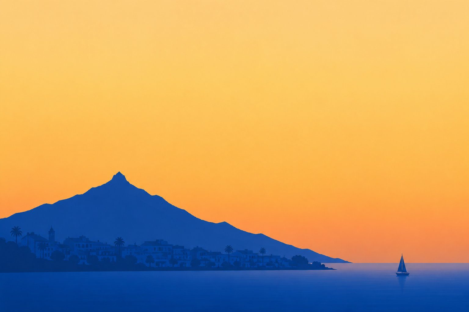 Golden-hour view of Torrevieja on the Costa Blanca, with a white seafront, a marina of sailboats, palm trees and the pink salt lakes beyond